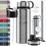 Gourde Inox Isotherme ACTIVE FLASK 1l/500ml sans BPA + Paille (3 Bouchons) | Bouteille d’eau Acier Inoxydable Isolée, Thermos Réutilisable | Camping Velo Sport Running Randonnée Enfant, Café The