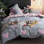 Michorinee Housse de Couette Cœur 240 x 260 Rose et Gris avec 2 Taies d'oreiller 65x65 cm Parure de Lit Réversible avec Fermeture Éclair - Sets Linge de Lit 2 Personnes Adulte en Microfibre