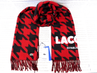 LACOSTE Wool Blend Scarf Mens Red Black Flannel Knit 62x16" Fringe Scarves R£90