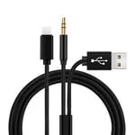 Aux-kabel för iPhone i bil, flätad nylon 3,5 mm jackljud Aux 2-i-1 USB snabbladdare Lightning-kabel för iPhone 14 13 12 11