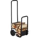 Relaxdays - Chariot à bois, en acier, avec 2 roues, transport & stockage, jusqu'à 40 kg, panier à bûches, noir