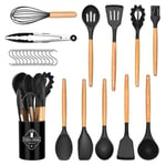 Ustensiles de Cuisine Silicone, 24 Pièces, Set de Couverts de Cuisine, Antiadhésif, Set de Spatule en Silicone, Résistant à La Chaleur, Poignée en Bois, 12 Crochets en S,Louche,Lavable