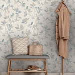 Rasch Silver Birch Tree Branches Leaves Metallic Textured Wallpaper Blue 311419