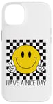 Coque pour iPhone 14 Plus Have a Nice Day, sourire rétro des années 70, visage souriant à carreaux