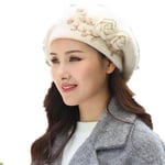 ZYM Beret Bonnet d'hiver pour femme en tricot avec fleur double couche douce et épaisse thermique pour la neige et le ski - Beige