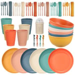 Osrioal 60 Pcs Plates and Bowls Set, Dinner Sets for 6 People, Plastic Camping Crockery Sets, Lightweight Dinnerware Sets, Colorful Camping Plates, Bowls, Cups, Cutlery Set, Forks for Pinic, Outdoor