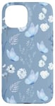 iPhone 15 White Vintage Flowers Blue Butterfly Protective Cover Case Case