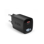 SBS Chargeur USB-C 45W avec écran LCD, Prise européenne, Power Delivery, idéal pour Smartphones Android, iPhone, Tablette, MacBook