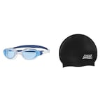 Zoggs Unisex's Phantom 2.0 Swimming Goggles, White/Blue/Tint, One Size & Adult Silicone Swimming Cap with Embossed Non-Slip Inner Surface, Black, One Size