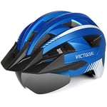 VICTGOAL Casque Velo Homme Casque VTT Montagne avec Visière Magnétique Amovible, Capuchon de Protection Solaire Amovible et éclairage LED Casque Velo Route pour Adulte (M: 54-58cm, Bleu Metal)