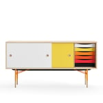 House of Finn Juhl - Sideboard With Tray Unit, Oak, White/Yellow, Orange Steel, Warm - Sideboards og skjenker - Finn Juhl - Flerfarget - Metall/Tre