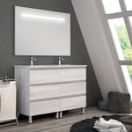 Meuble de salle de bain double vasque - 6 tiroirs - hibernian (bois blanchi) - palma et miroir Led stam - 120cm