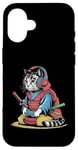 Coque pour iPhone 16 Japon Kawaii Cat Samurai Casque Casque Manette de Jeu Vidéo