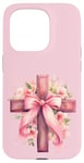 Coque pour iPhone 15 Pro Pink Christian Cross Graphic For Women Girl Wildflower Cross