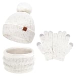 Enfants Bébés Hiver Bonnet Gants Tactiles Écharpe Ensemble Bonnet Pompon Moufles Cache-Cou avec Doublure Polaire pour 5-8 Ans Fille Garçon