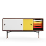 House of Finn Juhl - Sideboard With Tray Unit, Walnut, White/Yellow, Black Steel, Warm - Sideboards - Finn Juhl - Flerfarget - Metall/Tre