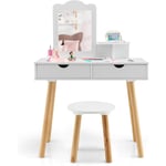 2 en 1 Coiffeuse Filles avec Tabouret, Table de Maquillage et Bureau avec Miroir Amovible, 2 Tiroirs, Étagère, Blanc - Goplus