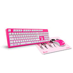 KROM Kit Clavier, Souris et Tapis de Souris Barbie Kandy - Clavier à Membrane LED Blanche, Souris 6400 DPI, Tapis de Souris en Caoutchouc Souple et résistant, Clavier Allemande, Rose