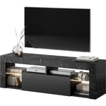 Selsey BIANKO - Meuble TV / Banc TV - 140 cm - marbre noir / front noir - avec LED