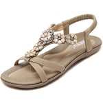 Acfoda Sandales Femme Été Chic Plates Confortable Bohême Chaussure Léger Mules Tongs Orthopédiques Sandalette Cuir nus pieds avec Strass Beige 40