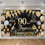 Seutgjie Banderole Joyeux Anniversaire 90 Ans 1934-2024, Décoration Anniversaire 90 Ans Toile de Fond Anniversaire Hommes/Femmes, Bannière Joyeux Anniversaire pour Fête, Or Noir 180 x 110 cm