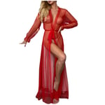 Robe De Chambre Satin Femme,Saint Valentin Lingerie Sexy Longue Transparente En Maille Babydoll Robe Robe Peignoir Kimono Chemises Vêtements De Nuit Chemise De Nuit Pour Les Cadeaux D'Amis,Rouge,S