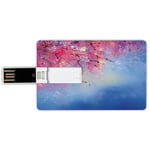 32G USB Flash Drives Credit Card Shape Watercolor Flower Memory Stick Bank Card Style Sakura Branches Hangs down Dramatic Night Oriental Plant Image,Pink Blue Waterproof Pen Thumb Lovely Jump Drive U