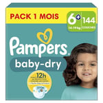 Pampers Baby-Dry, Taille 6+, 144 Couches, 14-19kg,Extra Absorption, Une nuit jusqu'à 100% sans fuites avec la Poche Stop & Protect à l’arrière de la couche,, Pack 1 Mois