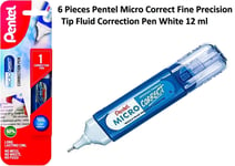 6 Pieces Pentel Micro Correct Fine Precision Tip Fluid Correction Pen White 12ml