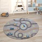 Paco Home Tapis Chambre Enfant Tapis De Jeux Tapis Bébé Tapis Enfant Route Tapis De Jeux, Dimension:120 cm Rond, Couleur:Gris 2