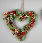 SHATCHI Prelit Battery Operated Christmas Home Hanging Wooden Twigs Base Decorated Baubles,Berries, Foliage,Pine Cones, Micro Rice LED Lights, Wood, Red Stars, Heart-35cm