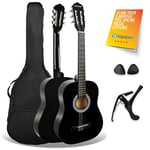 3rd Avenue XF 3/4 Size Junior Kids Classical Spanish Starter Beginner Pack Acoustic Guitar with Nylon Strings, Gig Bag, Capo and Picks – Black