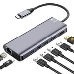 SiGN 7-i-1 USB-C-hub HDMI RJ45 USB-C, maks 100W, 20V, 5A - Grå