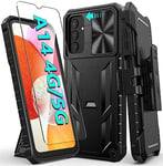 FNTCASE Case for Samsung Galaxy A14: Military Grade Drop Proof Protection Rugged Protective A14 Cell Phone Cover with Belt Clip Holster Kickstand & Slide |Shockproof TPU Matte Textured Tough -Black