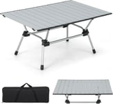 Table de Camping en Aluminium Table de Pique Nique Enroulable avec Sac de Transport Hauteur Réglable sur 4 Niveaux Argent