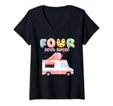 Womens FOUR ever Sweet Ice-Cream Truck Girl Pink 4th Birthday Bash V-Neck T-Shirt