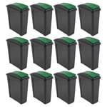 12 x 25L Recycle Slimline Bins Green Lid Food Trash Waste Storage Dustbins Cafe