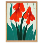 Modern Abstract Crimson Red Bloom Wild Flowers Teal Leaves on White Art Print Framed Poster Wall Decor 12x16 inch