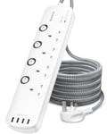 Extension Lead with USB Slots, 4 Way Socket Outlets Power Strips with 4 USB (4.5A) Surge Protection Plug Extension with 1.8 Meter Braided Extension cord for Home Office, Individually Switched White