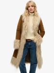 Superdry Faux Fur Lined Longline Afghan Coat, Tobacco Brown