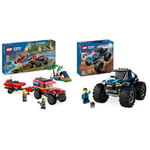 LEGO City Le Camion de Pompiers 4x4 et Le Canot de Sauvetage, Jouet pour Garçons et Filles Dès 5 Ans & City Le Monster Truck Bleu, Jouet Camion Tout-Terrain et Minifigurine de Conducteur