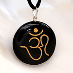 Om Pendant Necklace Black Tourmaline Protection Gold Carved Gemstone & Plush Bag