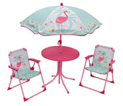 FUN HOUSE 713088 FLAMANT ROSE Salon de Jardin avec 1 Table, 2 Chaises pliantes et 1 Parasol pour Enfant