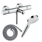 Pack mitigeur bain thermostatique HANSGROHE Ecostat Comfort + Flexible Metaflex 1,6m + Pommeau Vernis Blend EcoSmart chromé