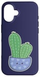 Coque pour iPhone 16 Cactus Kawaii en pot pour les amateurs de plantes succulentes bleu nuit