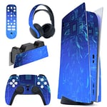 PlayVital Sticker Skin Decal pour ps5 Manette,Autocollants Vinyle Habillages pour ps5 Édition Disque Console&Casque&Station de Charge&Télécommande Média-Graphique Lumière Bleue