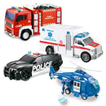 JOYIN Lot de 4 Ensembles de Jeu City Hero Propulsés par Friction Comprenant Un Camion de Pompiers, Une Ambulance, Une Voiture de Police et Un Hélicoptère de Secours