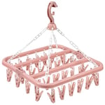 JonesLi Clothes Drying Hanger，Pegs For Washing Line With 32 Hooks，Drip Foldable Hanging Sock Rack，Sock Hanger For Washing Line，For Hang Out Socks, Underwear, Bras, Baby Clothes Ect. (Pink)