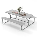 Costway Ensemble Table Et Chaises De Jardin Pour 8 Personnes, Trou Pour Parasol, Table De Pique-Nique Avec 2 Bancs, Gris