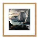 Winter Coastal Landscape White Cliffs at Dawn Modern Oil Painting Square Wooden Framed Wall Art Print Picture 8X8 Inch